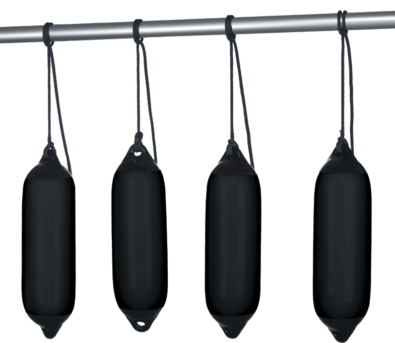 Fenderset von Seilflechter in Schwarz, inklusive hochwertiger Bootsfender und passender Festmacherleinen. Optimaler Schutz für den Bootsrumpf beim Anlegen.