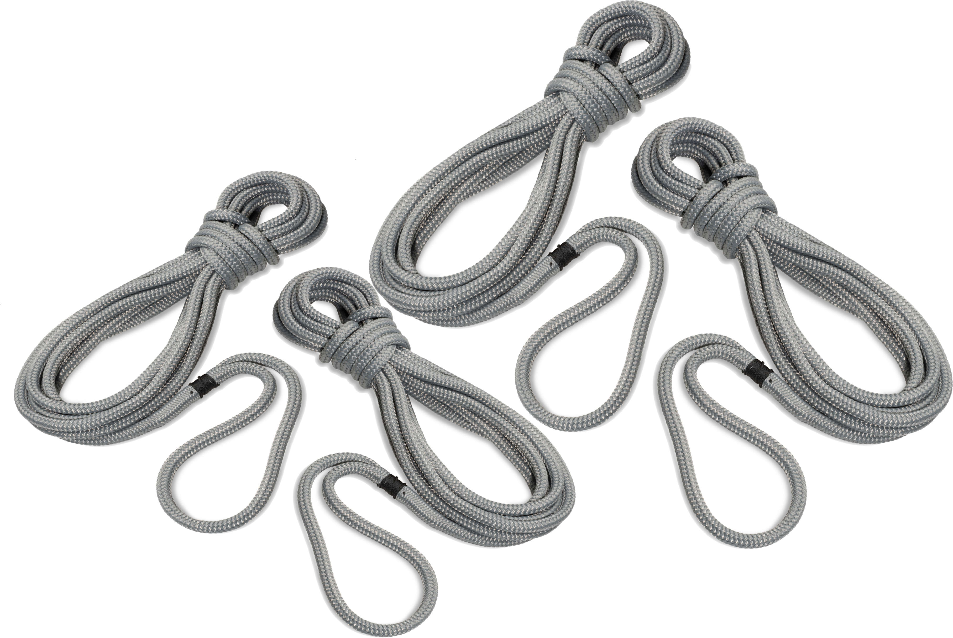Set mit 4 Festmachern „Taifun“ von Seilflechter, Farbe: Silbergrau, aus strapazierfähigem Polyester, mit gespleißtem Auge. Perfekt für sicheres Festmachen von Booten.