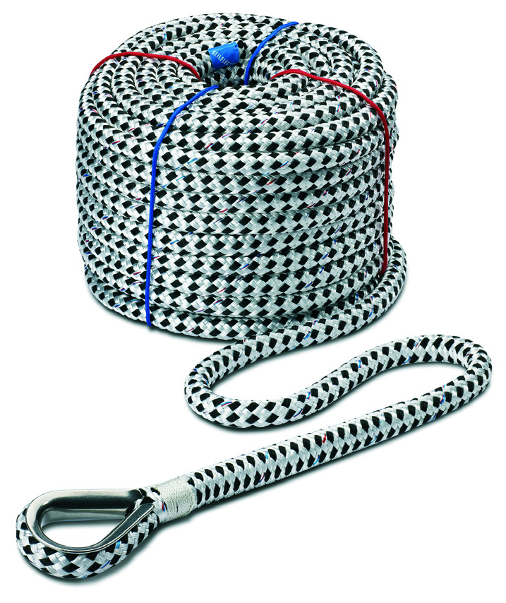 Hochwertige weiß/schwarze Ankerleine „Taifun“ von Seilflechter, aus robustem Polyester, inklusive eingespleißtem Edelstahl-Schäkel. Ideal für sicheres Ankern.