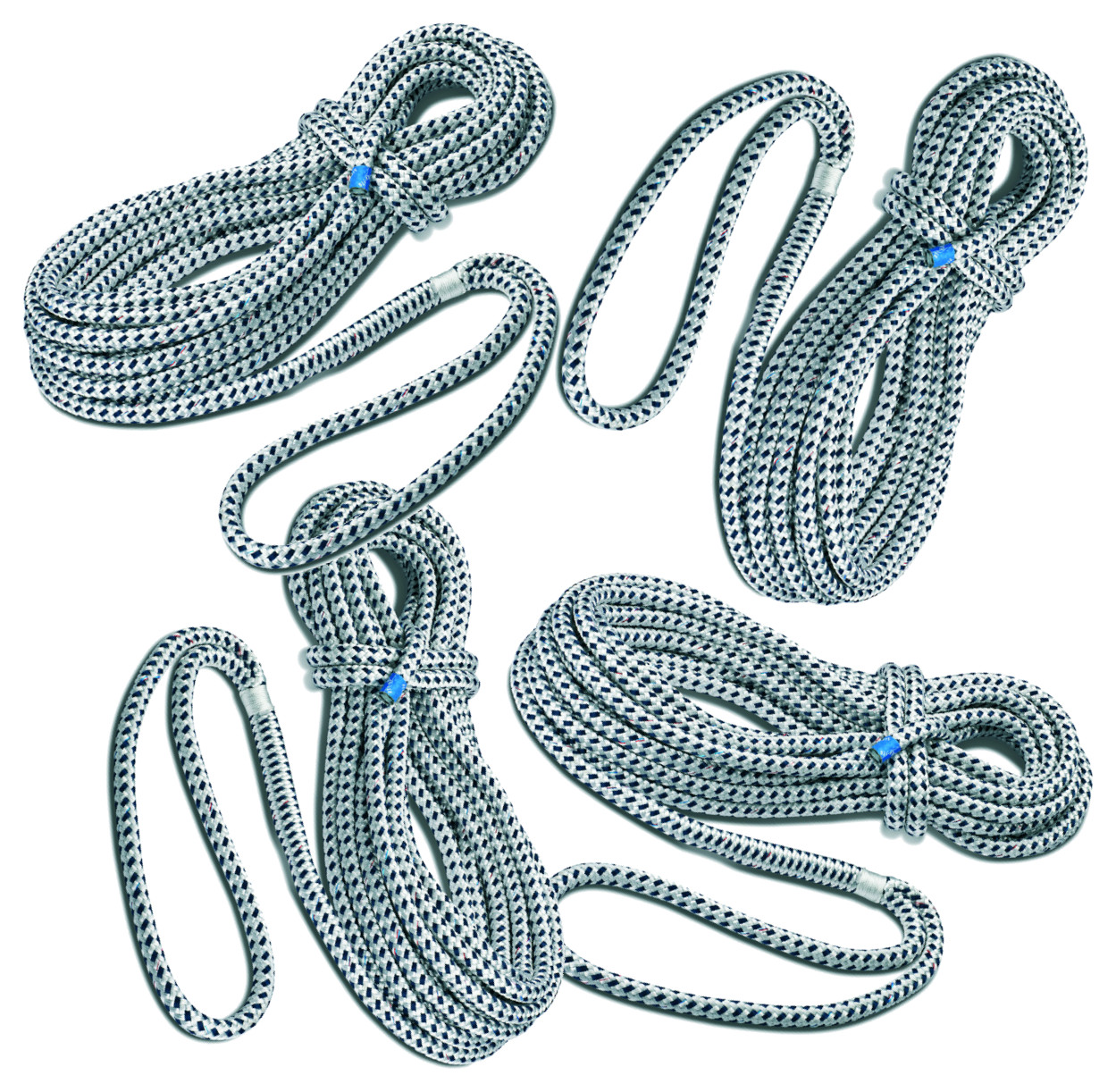 Set mit 4 Festmachern „Taifun“ von Seilflechter, Farbe: Weiß/Schwarz getupft, aus strapazierfähigem Polyester, mit gespleißtem Auge. Perfekt für sicheres Festmachen von Booten.